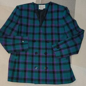 Karen Scott Size 12 Wool Teal Green Purple Plaid Double-Breasted Blazer Suit